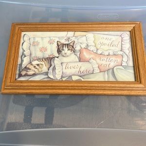 1989 vintage Fiji graphics framed “one spoiled rotten cat lives” picture